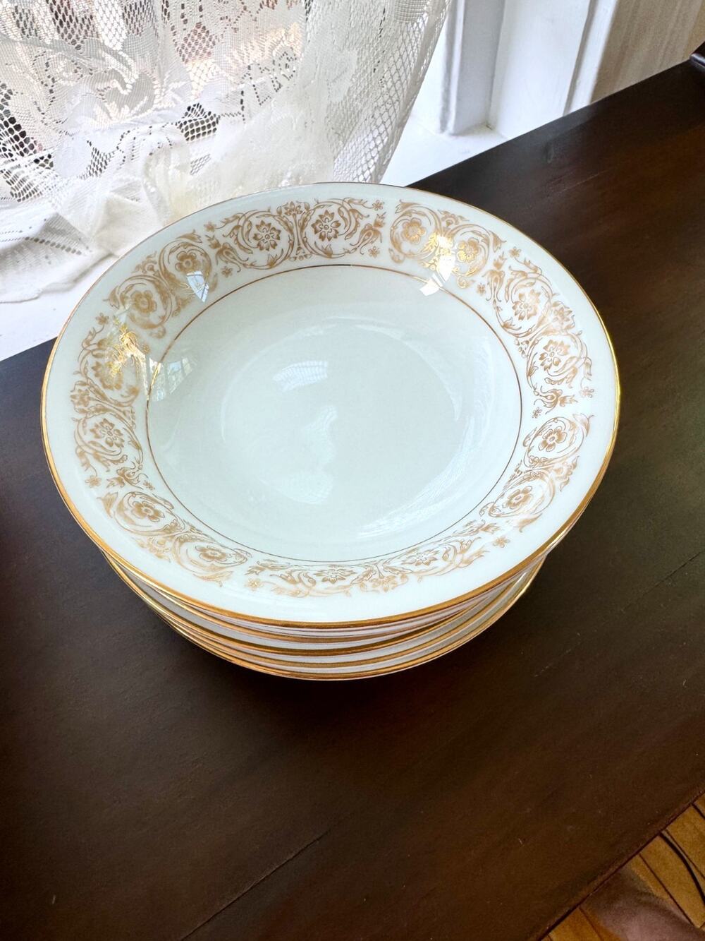 Noritake Raphael 6679 Rim Soup Bowls Set of 7 Japan Gold Scroll Floral Vintage